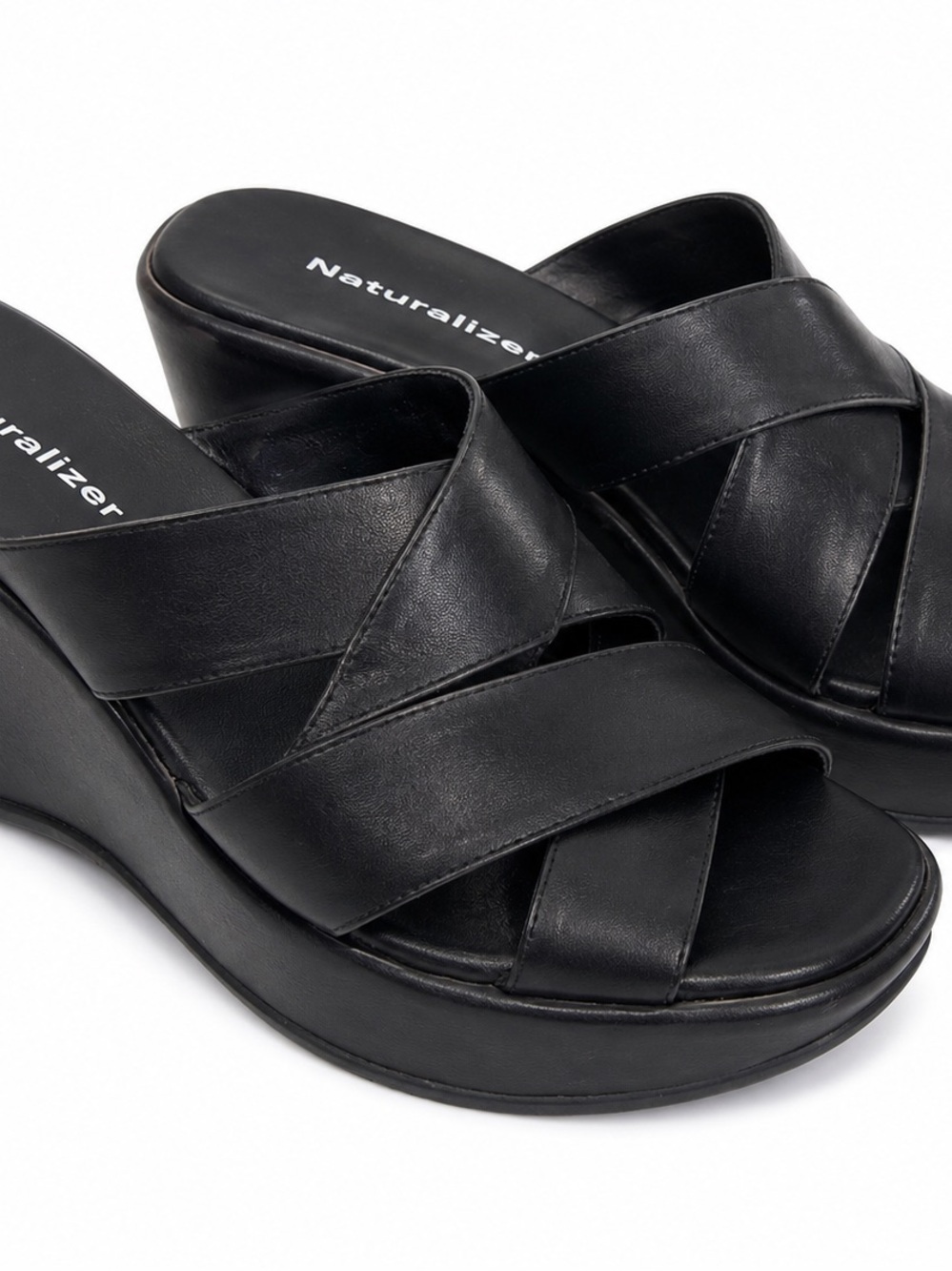 Naturalizer Black Leather Wedge Slide Sandals Size 7M